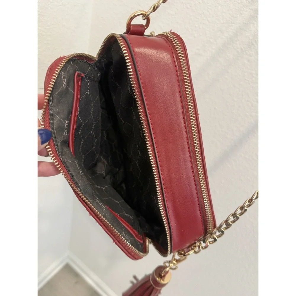 ALDO Small Red Chevron Quilted Crossbody Purse Bag Gold Accents + Tassel